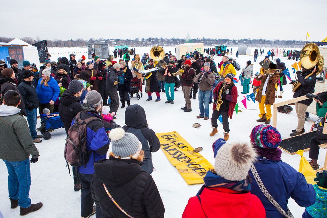 Image of people enjoying Art Shanty Projects on Lake Harriet.